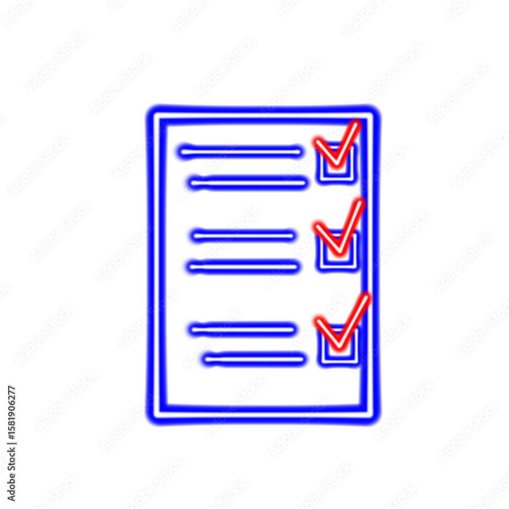 Poster clipboard with check mark. shiny blue neon document icon with glowing checkbox and red neon checkmar
