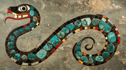 Intricate turquoise and multicolored mosaic snake design.