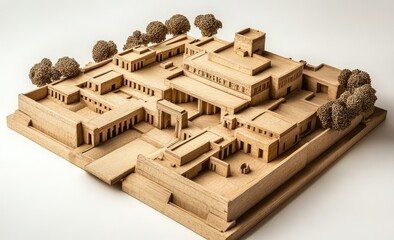 Detailed wood model of a complex, possibly ancient, city.  Square, multi-level buildings with courtyards.  Small trees are placed strategically