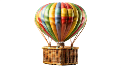 A vibrant, multicolored hot air balloon with a wicker basket, isolated on a white background
