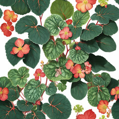 Obraz premium Vibrant tropical arrangement of hibiscus flowers and lush green leaves in an exotic botanical composition, perfect for summer themes