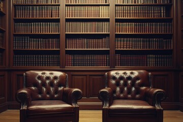 Dark, elegant library interior with bookshelves and leather armchairs