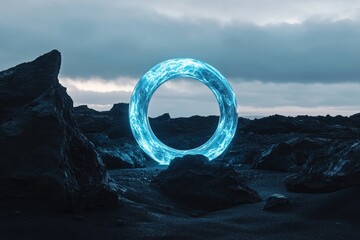 A glowing blue ring portal in a dark, rocky landscape