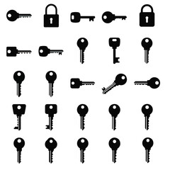 A vintage set of skeleton keys offers symbolic access and old-fashioned security, depicted as a vector icon collection of antique metal shapes for doors and locks