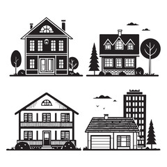 Urban architectural vector set featuring diverse residential buildings and cityscapes