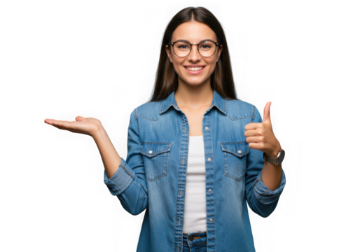 Woman in denim shirt presenting with hand and giving thumbs up on transparent background