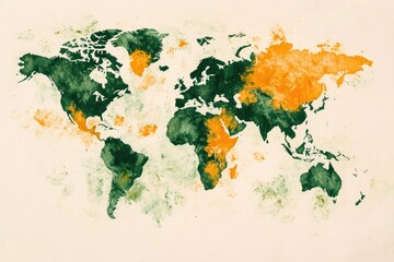 World map, watercolor-style, with shaded regions