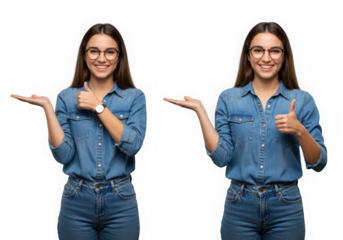 Woman in denim outfit presenting with hand and thumbs up pose on transparent background