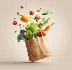 A brown paper bag overflowing with vibrant vegetables and herbs, levitating against a muted background; some produce floats dynamically around it