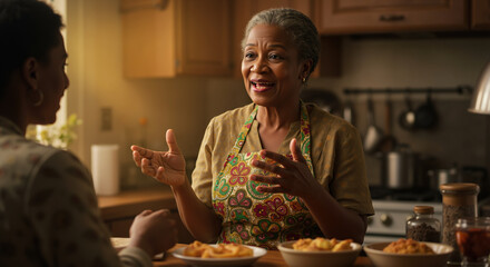 Woman in colorful apron talking animatedly while cooking in warm kitchen. Home cooking and culinary experiences. Food preparation and recipe sharing content