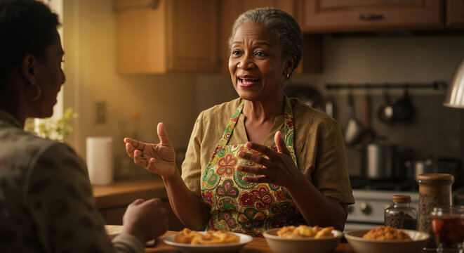 Woman in colorful apron talking animatedly while cooking in warm kitchen. Home cooking and culinary experiences. Food preparation and recipe sharing content - Powered by Adobe
