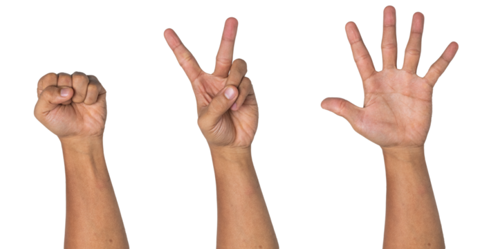 front side view of rock scissor and paper hand gesture isolated on white background. transparent png