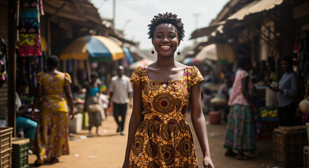 Woman in traditional African dress smiling joyfully at busy street market. Cultural celebration and ethnic heritage. Tourism and festival event promotions