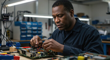 African American man repairing electronic circuit board in workshop laboratory. Technology maintenance and engineering work for device restoration