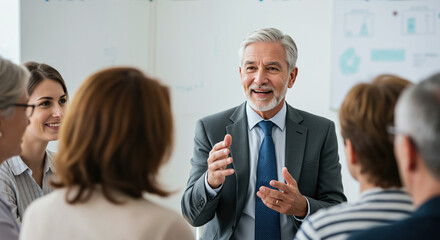 Senior businessman presenting to team in modern office meeting room. Corporate leadership and business presentation for professional communication