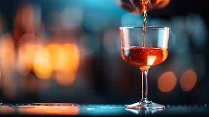 Bartender Pouring Amber Cocktail into Glass at Bar