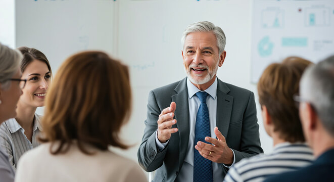 Senior businessman presenting to team in modern office meeting room. Corporate leadership and business presentation for professional communication