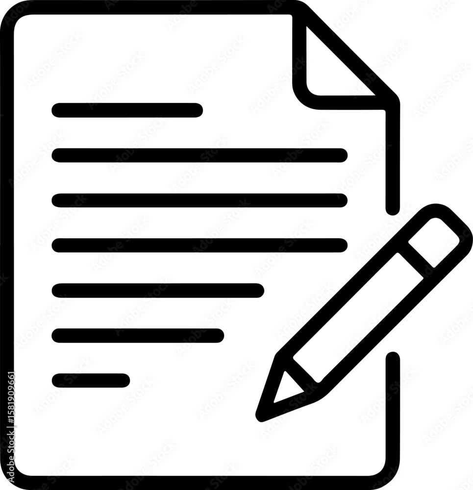 Poster simple black line drawing of a document with text and a pencil writing on it