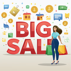 A high-quality 3D cartoon illustration showing Promotional poster design with a stylish woman holding shopping bags, standing next to a bol (3).sv, designed to represent creativity, fun, and visual st