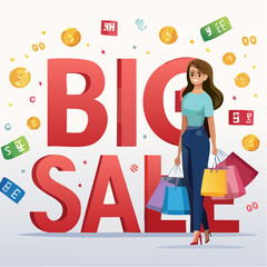 A high-quality 3D cartoon illustration showing Promotional poster design with a stylish woman holding shopping bags, standing next to a bol (5).sv, designed to represent creativity, fun, and visual st