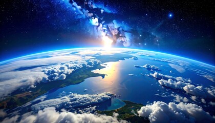Fototapeta premium Earth from space, sunrise view, with nebula