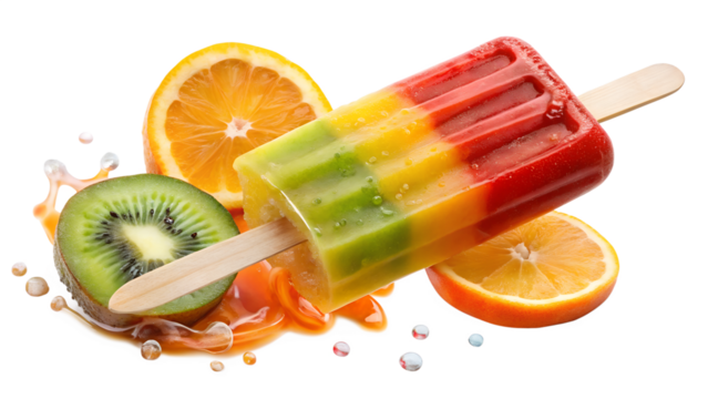 A vibrant rainbow popsicle with kiwi and orange slices, isolated on a white background