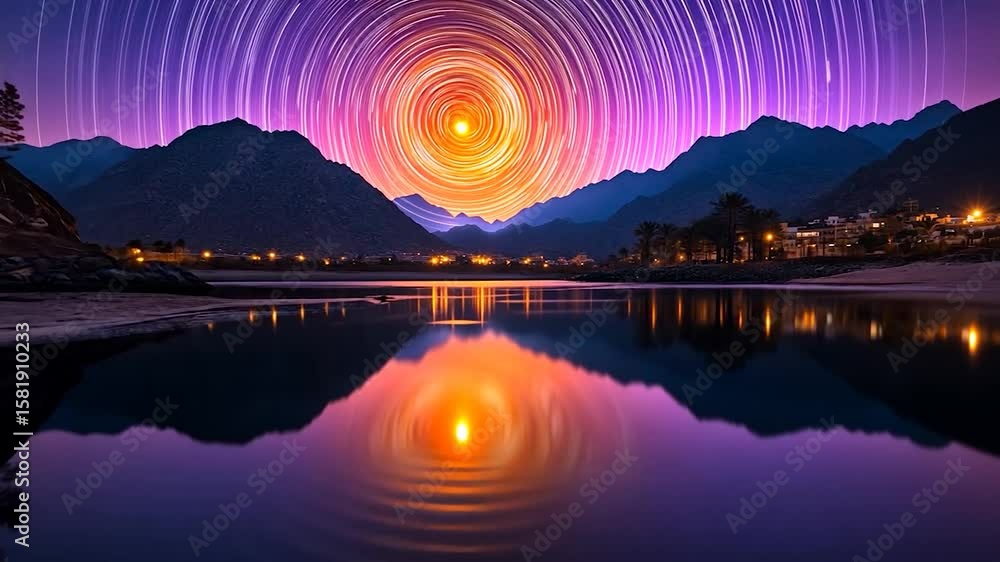 Poster vibrant sunset over a calm lake, surrounded by dark mountains and illuminated by a fiery, circular l