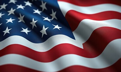 Close-up view of an American flag waving.  Detailed folds and texture of the fabric.  Stripes of red, white, and blue.  Stars on a blue field