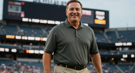 Fototapeta premium Man smiling in baseball stadium wearing green polo shirt. Sports fan and leisure activity for entertainment and recreation