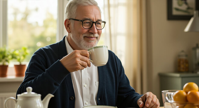 Senior man drinking coffee in kitchen with warm morning light. Retirement lifestyle and home comfort for relaxation and leisure time
