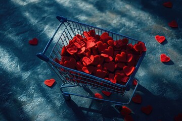 Small shopping cart filled with red hearts on a dark textured surface