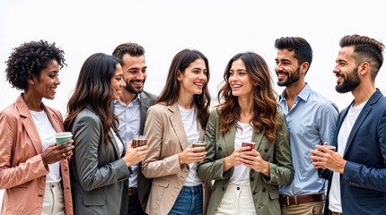 Group of young adults interacting and smiling while holding drinks