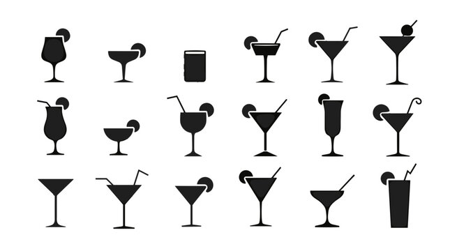 Various cocktail silhouettes in black on white background  