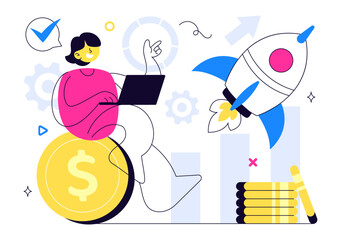 Startup Vector Illustration Featuring the Target of Business Development Process, Innovative Product Launch, Arrow Shooting, and Goal Achievement