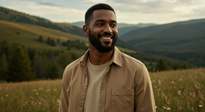 African American man smiling in mountain valley landscape during golden hour. Nature portrait and outdoor adventure for travel and exploration activities
