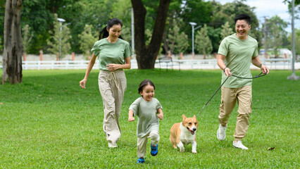 Joyful family running through a green park with their Corgi dog, enjoying a lively and active...