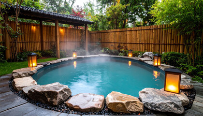 A calming outdoor hot spring-style pool with natural stone edges, bamboo fencing, small lanterns, and steam rising into a tranquil garden setting