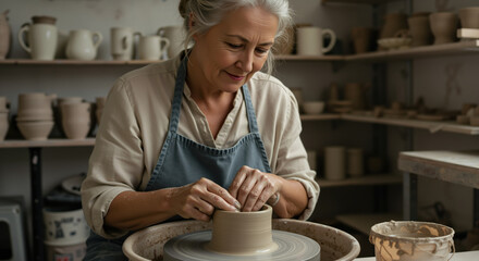 Senior woman working with clay on pottery wheel in ceramic studio. Handcraft art and creative hobby for artistic expression and therapeutic activity