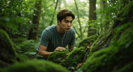 Man crouching in forest examining moss on fallen log during nature exploration. Environmental study and outdoor education for ecological research and learning