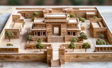 Detailed wooden model of an ancient temple complex
