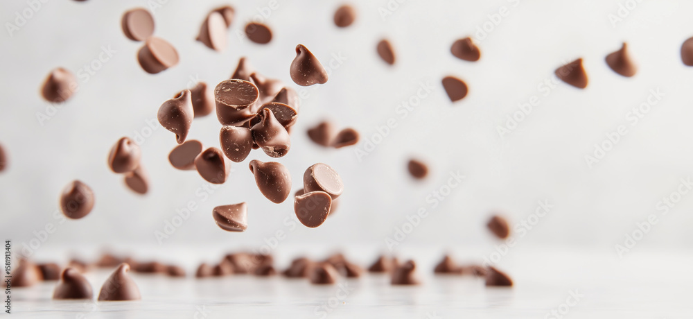 Poster chocolate chips falling in mid-air creating a dynamic and appetizing scene.