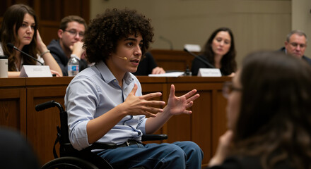 Young man with curly hair speaking at hearing or committee meeting. Legal proceedings, testimony, advocacy, civil rights, disability representation, public forum