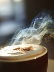 Close up of Steaming Cappuccino Coffee in a Dark Mug.