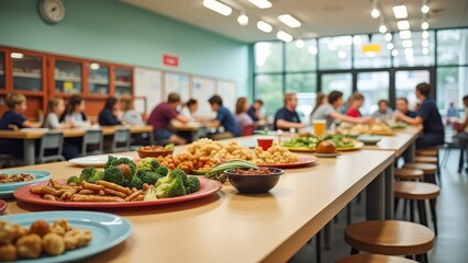 Modern School Cafeteria with Healthy Meal Options and Student Engagement