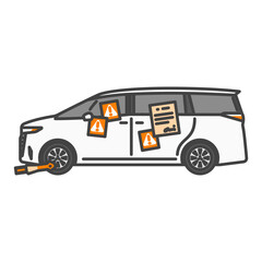 イラスト素材：警告ステッカーが貼られた白い高級ミニバン（駐車違反・駐車禁止・駐禁）