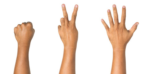 back side view of rock scissor and paper hand gesture isolated on white background. transparent png