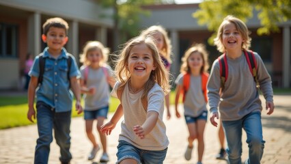 Elementary Students Playing Together in School Courtyard During Recess