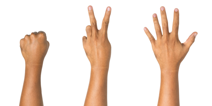 back side view of rock scissor and paper hand gesture isolated on white background. transparent png