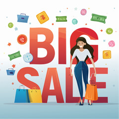 A high-quality 3D cartoon illustration showing Promotional poster design with a stylish woman holding shopping bags, standing next to a bol.svg, designed to represent creativity, fun, and visual story