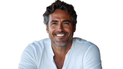 Portrait of handsome man smiling with gray hair and beard wearing white shirt on black background image isolated on transparent background